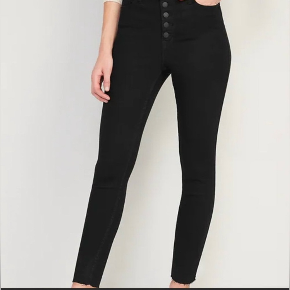 Old Navy Extra High Rise Super Skinny Button Fly Black Denim Jeans Raw Hem 14